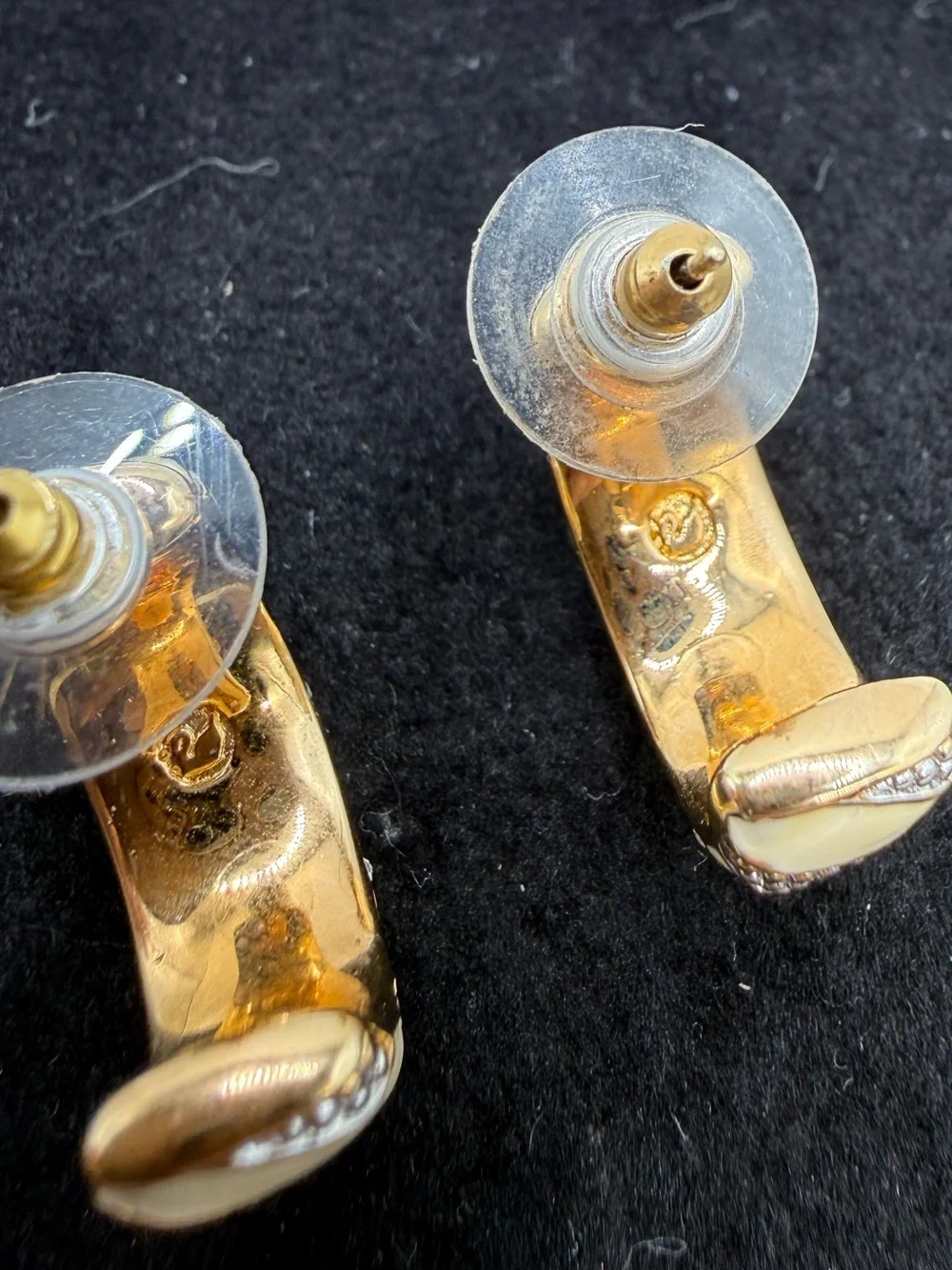 Vintage Swarovski Cream Enamel Clear Crystal Gold Tone Hoop Earrings